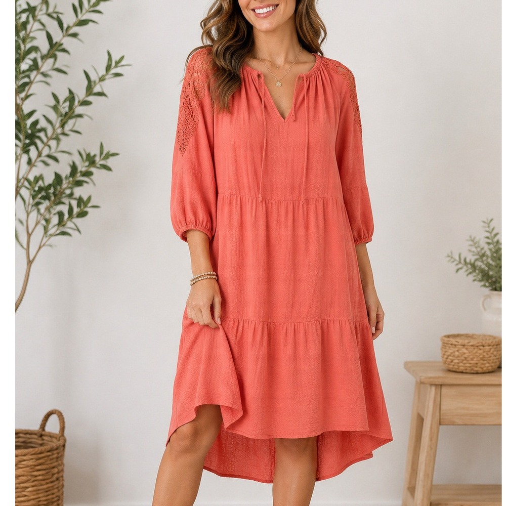 Mille‎ Gabrielle Coral Orange M Tiered Shift Dress Crochet Split Neck 3/4 Sleeve